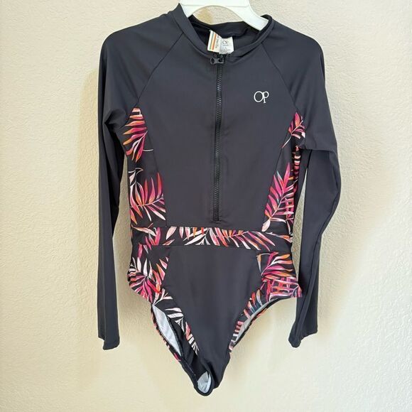 Ocean Pacific Long-Sleeve Zip-Up Rash Guard Swimsuit - Size L - Picture 2 of 5
